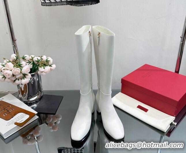 Popular Style Valentino VLogo Calfskin Low-Heel High Boots White VL08141 814103