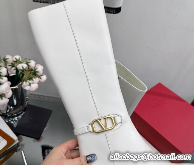 Popular Style Valentino VLogo Calfskin Low-Heel High Boots White VL08141 814103