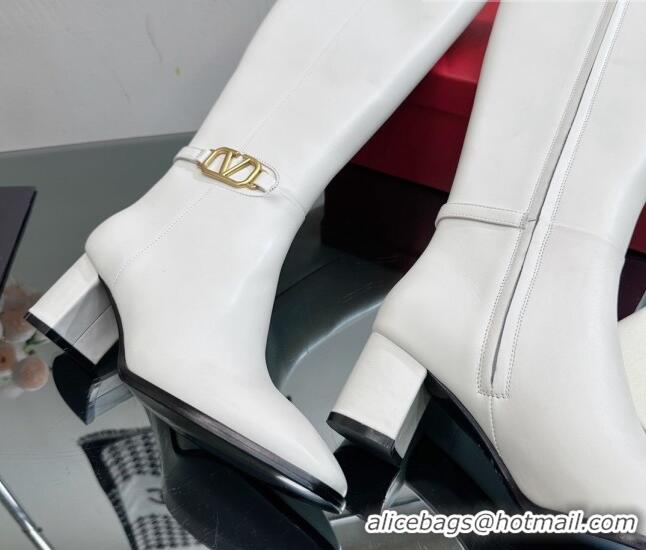 Popular Style Valentino VLogo Calfskin Low-Heel High Boots White VL08141 814103