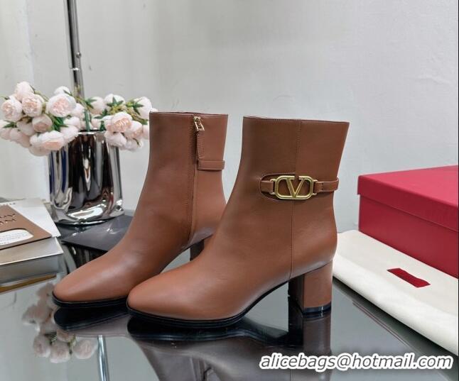 Luxurious Valentino VLogo Calfskin Low-Heel Ankle Boots 7.5cm VL08141 Brown