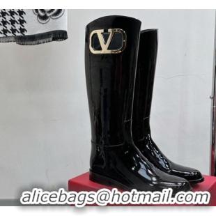 Low Price Valentino VLogo Type Flat High Boots in Patent Leather Black 814107