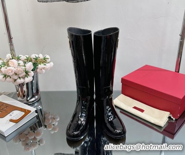 Low Price Valentino VLogo Type Flat High Boots in Patent Leather Black 814107