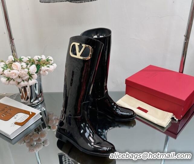 Low Price Valentino VLogo Type Flat High Boots in Patent Leather Black 814107