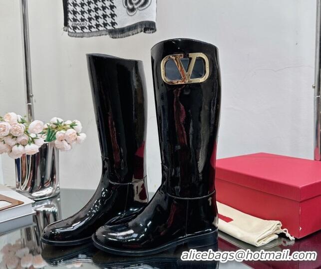 Low Price Valentino VLogo Type Flat High Boots in Patent Leather Black 814107