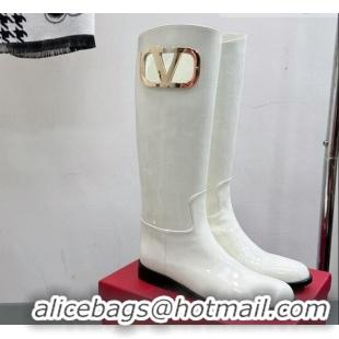 Top Design Valentino VLogo Type Flat High Boots in Patent Leather White 814108