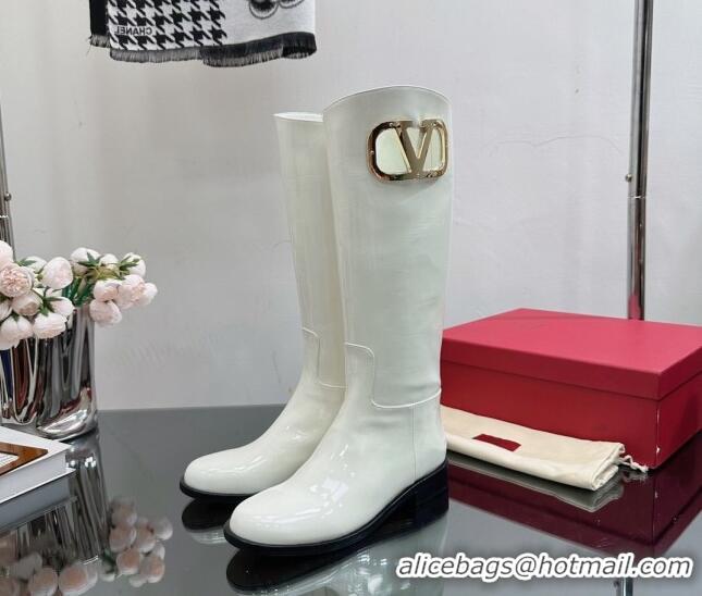 Top Design Valentino VLogo Type Flat High Boots in Patent Leather White 814108