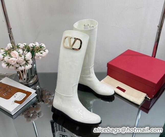 Top Design Valentino VLogo Type Flat High Boots in Patent Leather White 814108