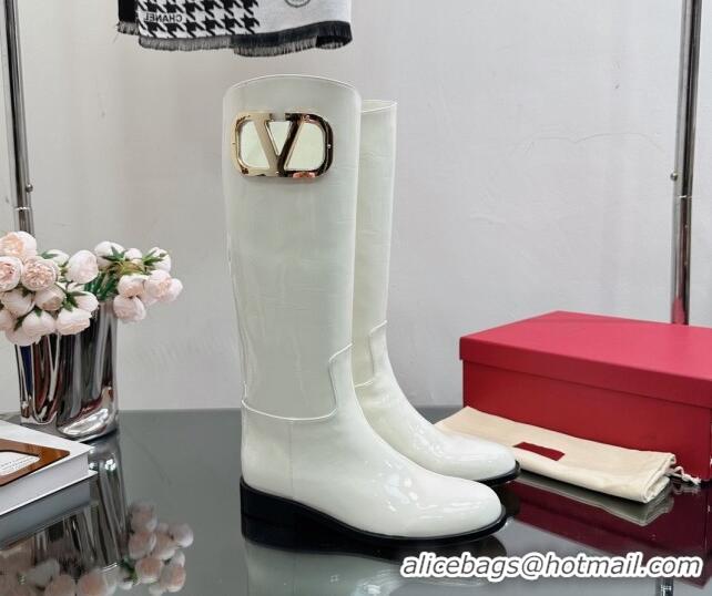 Top Design Valentino VLogo Type Flat High Boots in Patent Leather White 814108