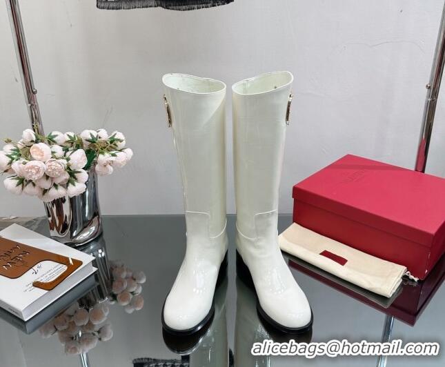 Top Design Valentino VLogo Type Flat High Boots in Patent Leather White 814108