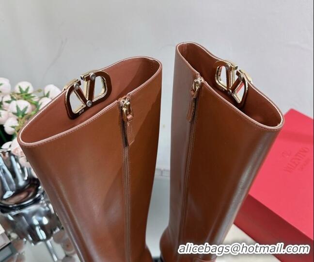 Shop Duplicate Valentino VLogo Type Heel High Boots 3cm in Calfskin Brown 814109