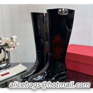 Charming Valentino VLogo Type Heel High Boots 3cm in Patent Leather Black 814110