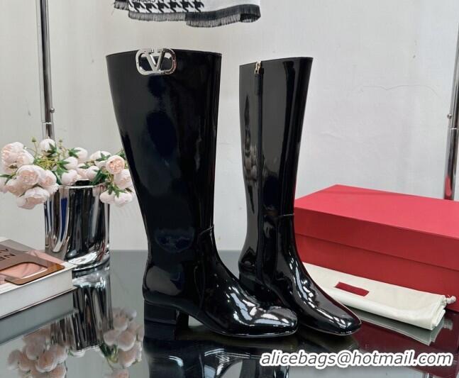 Charming Valentino VLogo Type Heel High Boots 3cm in Patent Leather Black 814110