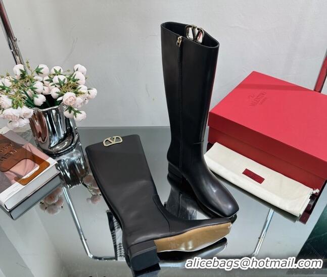 Discount Fashion Valentino VLogo Type Heel High Boots 3cm in Calfskin Black 814111