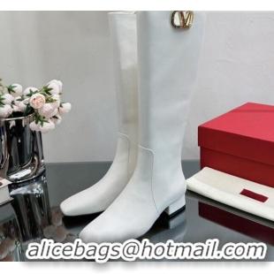 Perfect Valentino VLogo Type Heel High Boots 3cm in Calfskin White 814112