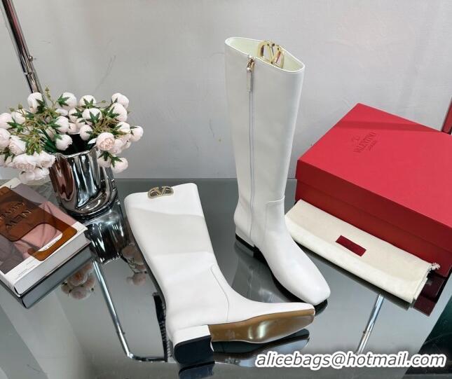 Perfect Valentino VLogo Type Heel High Boots 3cm in Calfskin White 814112