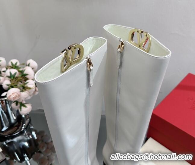 Perfect Valentino VLogo Type Heel High Boots 3cm in Calfskin White 814112