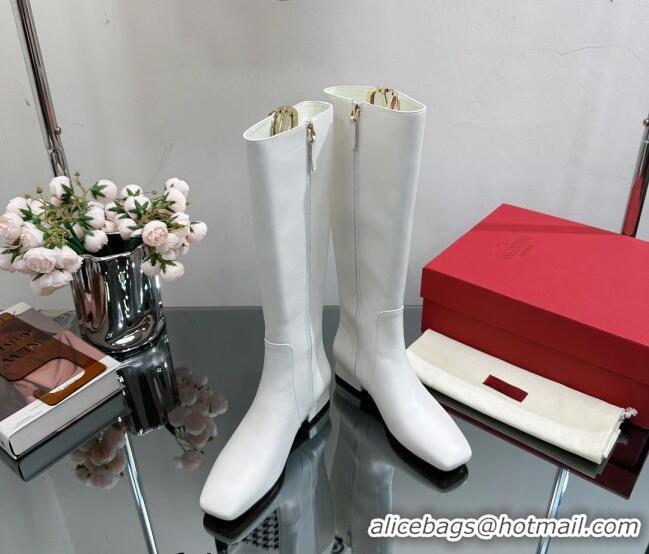 Perfect Valentino VLogo Type Heel High Boots 3cm in Calfskin White 814112