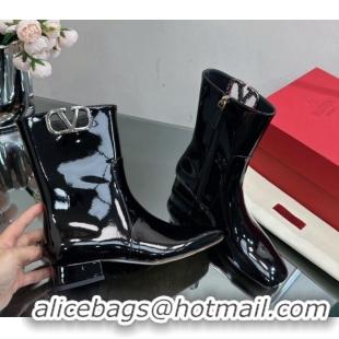 Classic Valentino VLogo Type Heel Ankle Boots 3cm in Patent Leather Black 814113