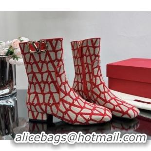 Sumptuous Valentino VLogo Type Heel Ankle Boots 3cm in Toile Iconographe Fabric Red 814118