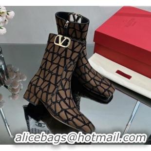 Fashion Luxury Valentino VLogo Type Heel Ankle Boots 3cm in Toile Iconographe Fabric Brown 814119