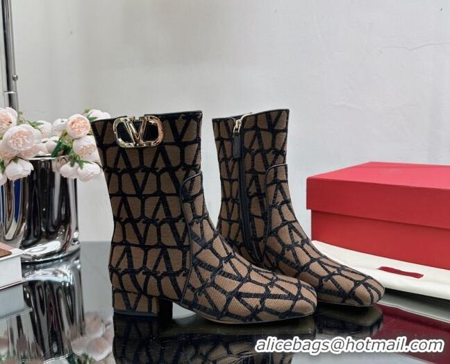 Fashion Luxury Valentino VLogo Type Heel Ankle Boots 3cm in Toile Iconographe Fabric Brown 814119