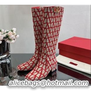 Stylish Valentino VLogo Type Heel High Boots 3cm in Toile Iconographe Fabric Red 814120