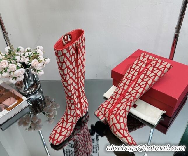 Stylish Valentino VLogo Type Heel High Boots 3cm in Toile Iconographe Fabric Red 814120