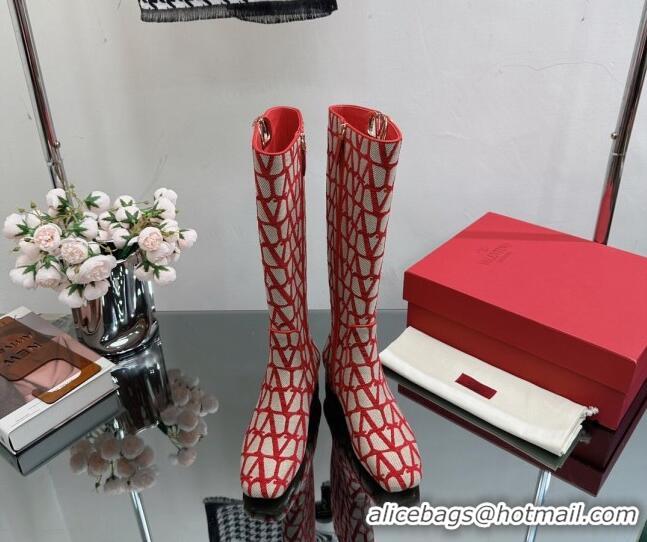 Stylish Valentino VLogo Type Heel High Boots 3cm in Toile Iconographe Fabric Red 814120