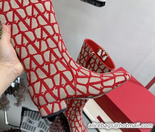 Stylish Valentino VLogo Type Heel High Boots 3cm in Toile Iconographe Fabric Red 814120