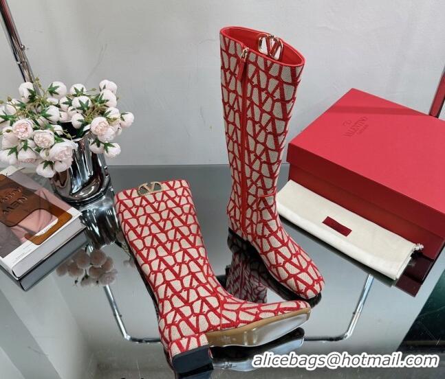 Stylish Valentino VLogo Type Heel High Boots 3cm in Toile Iconographe Fabric Red 814120