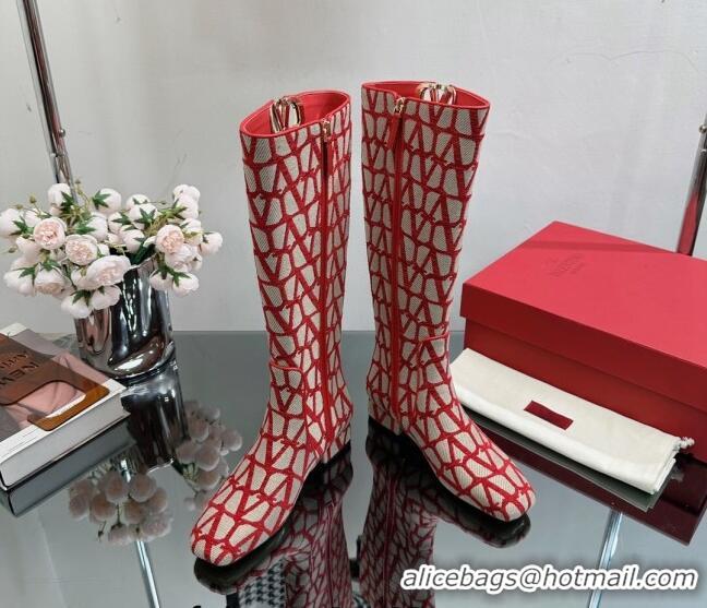 Stylish Valentino VLogo Type Heel High Boots 3cm in Toile Iconographe Fabric Red 814120