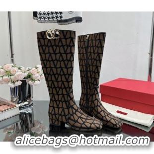 Sophisticated Valentino VLogo Type Heel High Boots 3cm in Toile Iconographe Fabric Brown 814121