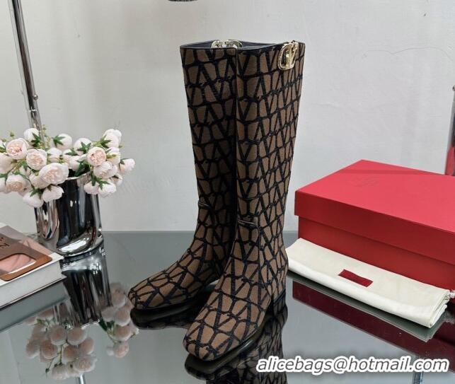 Sophisticated Valentino VLogo Type Heel High Boots 3cm in Toile Iconographe Fabric Brown 814121