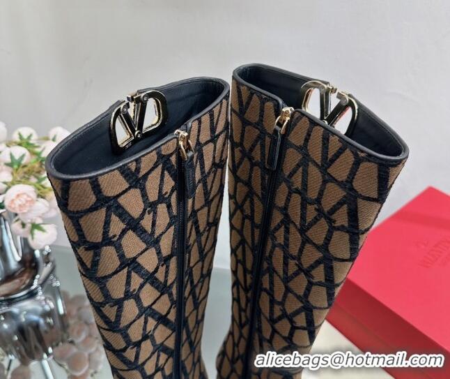 Sophisticated Valentino VLogo Type Heel High Boots 3cm in Toile Iconographe Fabric Brown 814121