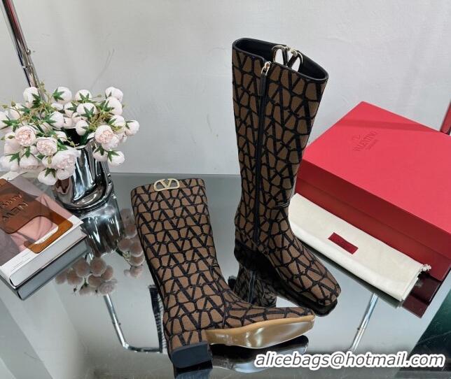 Sophisticated Valentino VLogo Type Heel High Boots 3cm in Toile Iconographe Fabric Brown 814121