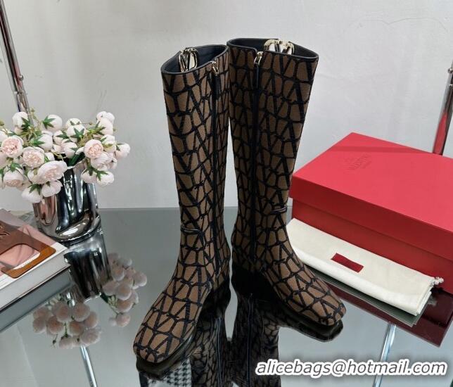 Sophisticated Valentino VLogo Type Heel High Boots 3cm in Toile Iconographe Fabric Brown 814121