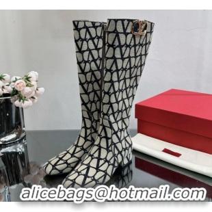 Low Cost Valentino VLogo Type Heel High Boots 3cm in Toile Iconographe Fabric Grey 814122