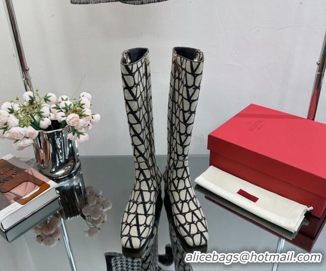 Low Cost Valentino VLogo Type Heel High Boots 3cm in Toile Iconographe Fabric Grey 814122