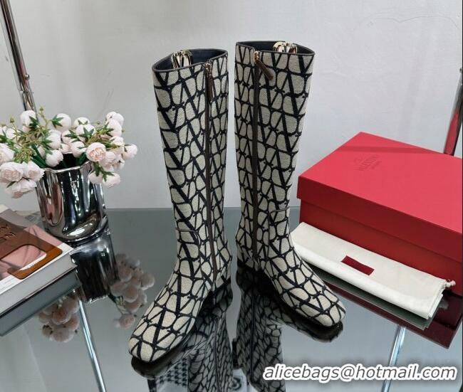 Low Cost Valentino VLogo Type Heel High Boots 3cm in Toile Iconographe Fabric Grey 814122