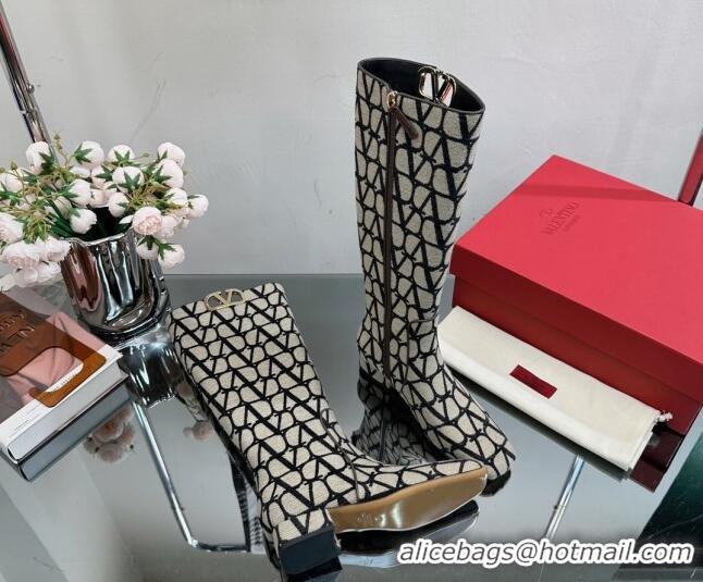 Low Cost Valentino VLogo Type Heel High Boots 3cm in Toile Iconographe Fabric Grey 814122