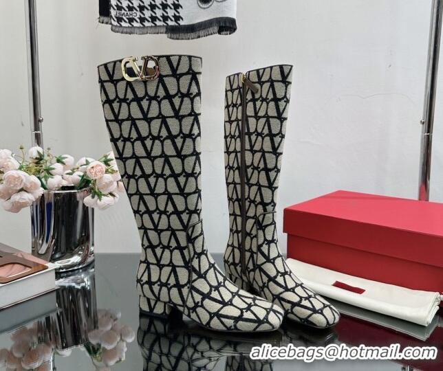 Low Cost Valentino VLogo Type Heel High Boots 3cm in Toile Iconographe Fabric Grey 814122