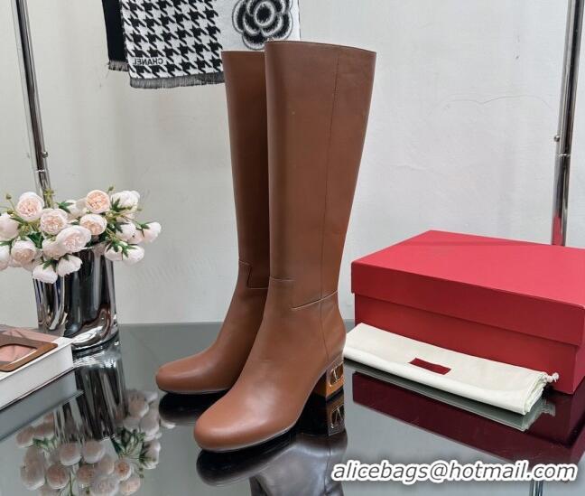 Lowest Price Valentino VLogo Heritage Heel High Boots 6cm in Calfskin Brown 814123