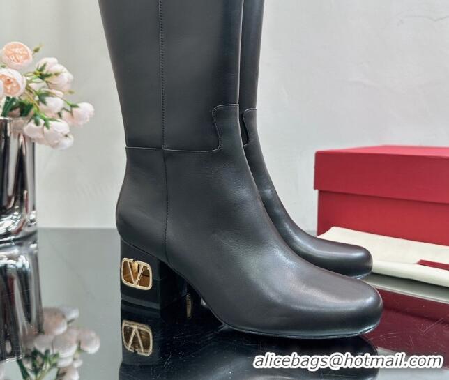 Unique Discount Valentino VLogo Heritage Heel High Boots 6cm in Calfskin Black 814124