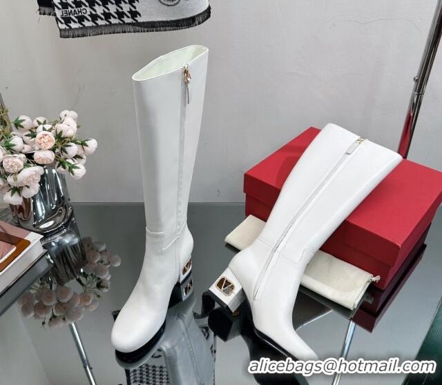 Discount Valentino VLogo Heritage Heel High Boots 6cm in Calfskin White 814126