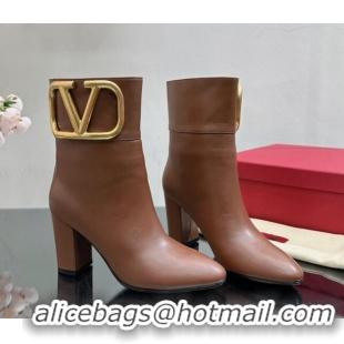 Discount Valentino Maxi-VLogo Heel Ankle Boots 8cm in Calfskin Leather Brown 814132