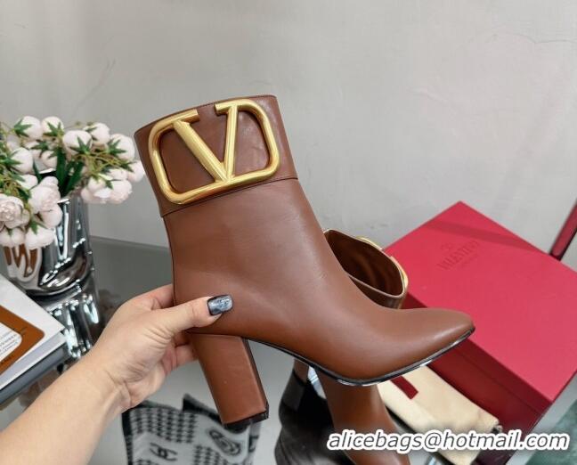 Discount Valentino Maxi-VLogo Heel Ankle Boots 8cm in Calfskin Leather Brown 814132