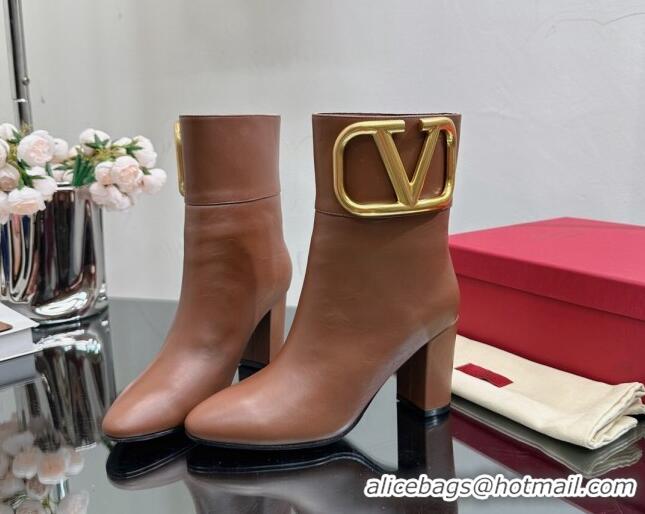 Discount Valentino Maxi-VLogo Heel Ankle Boots 8cm in Calfskin Leather Brown 814132