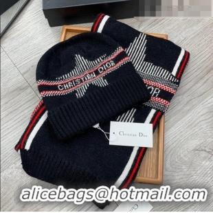 Good Taste Dior Star Wool Knit Hat and Scarf Set D092376 Black 2022