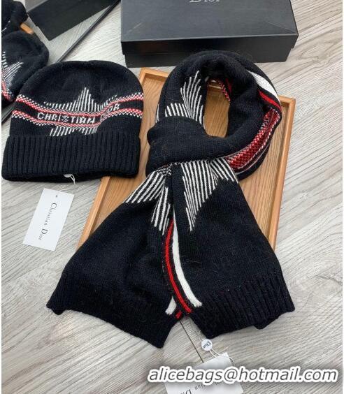 Good Taste Dior Star Wool Knit Hat and Scarf Set D092376 Black 2022