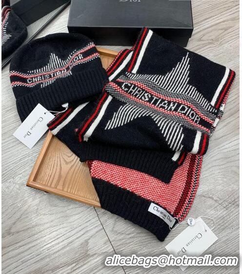 Good Taste Dior Star Wool Knit Hat and Scarf Set D092376 Black 2022